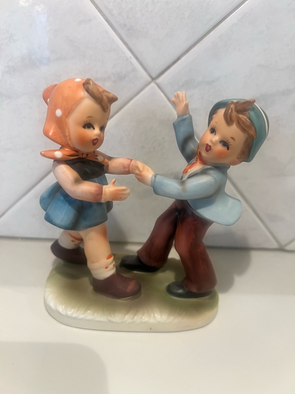 Vintage Pair Dancing Children Porcelain Figurine - Blue, Orange, Brown